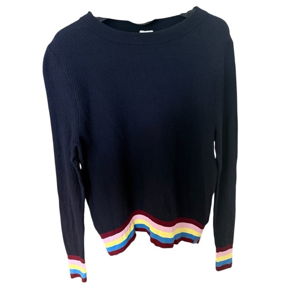 KULE Sweaters - Kule Navy Blue Cashmere Blend Crewneck Sweater Rainbow Striped Cuff Size Small